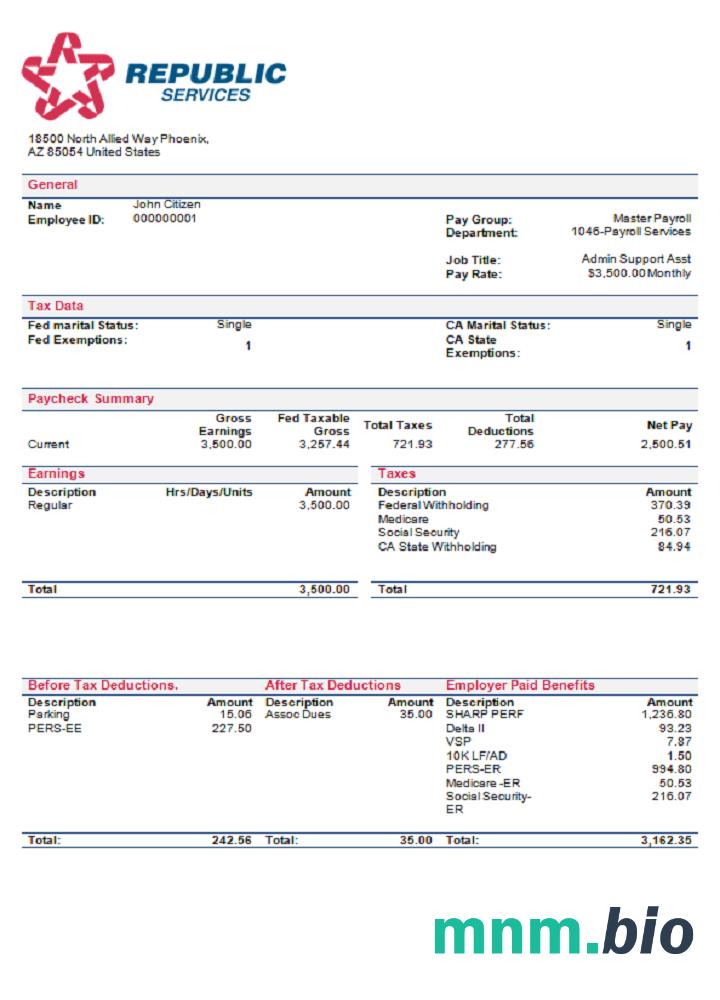 USA Republic Services waste management company pay stub